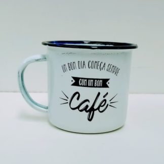 Caneca agata esmaltada M personalizada “Um bom dia começa sempre com um bom  café” – Artesanato Minas